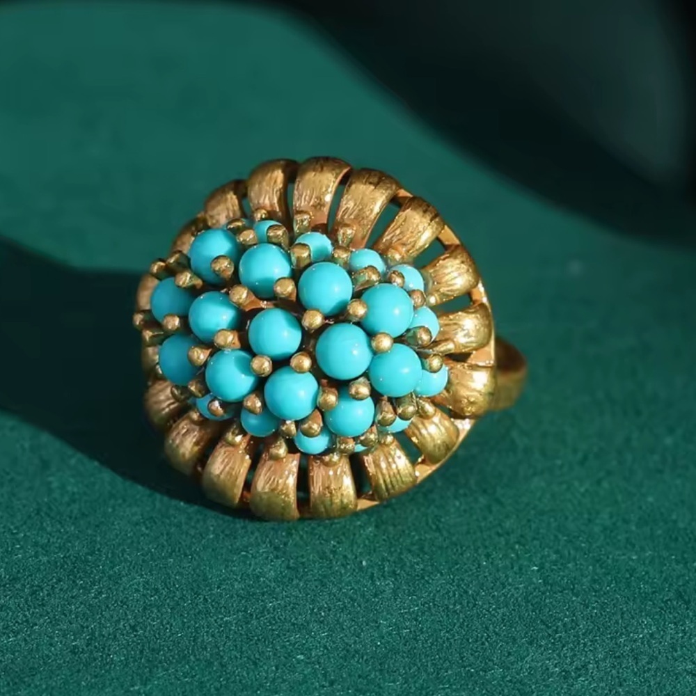 Golden Age Victorian Turquoise Treasure Antique Brass Masterpiece Ring
